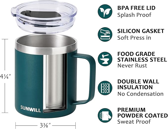 SUNWILL Travel Coffee Mug with Lid, Insulated Cup with Handle, 14 oz Stainless Steel Tumbler for Camping, Office, Outdoor, Powder Coated Dark Green