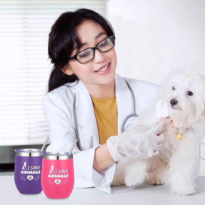 Sliner 8 Pcs Vet Receptionist Week Tumbler with Lid 12oz Stainless Steel Veterinarian Wine Cups for Veterinary Technologists Animal Rescue Volunteers Staff Coworker Gift