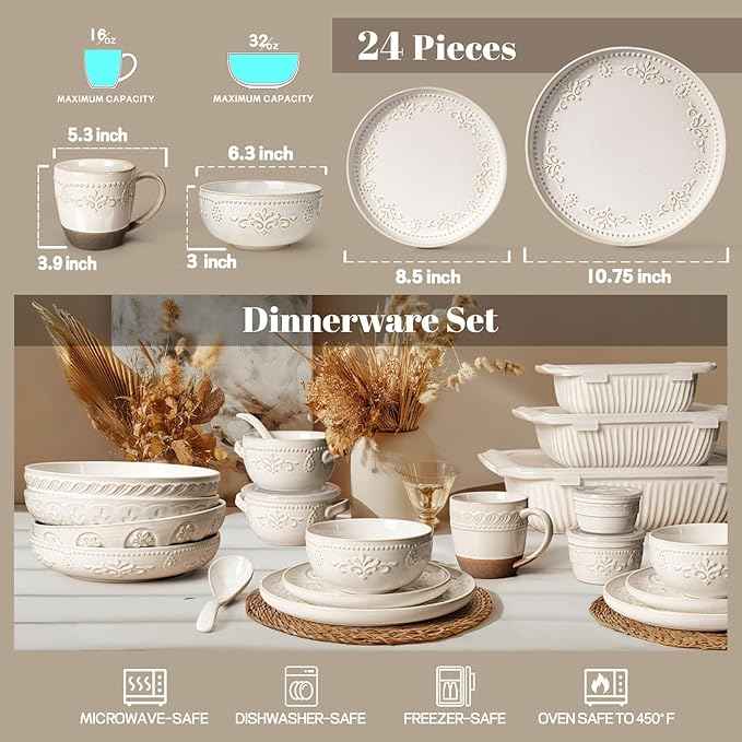 Artena Plates And Bowls Sets, 24 Pieces Dinnerware Sets, Dish Set For 6, Ceramic Kitchen Bowl And Plate Set, Embossed White Dishware Sets, Dishwasher & Microwave Safe (Damask Floral) (With Mugs)