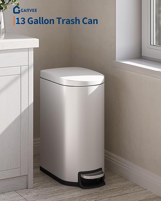 GarveeHome 13 Gal / 50 L Stainless Steel Kitchen Trash Can with Lid, Slim Step-On Garbage Bin, Large Rustproof Metal Trash Can with Soft Close, Inner Bucket & Rear Handle, Creamy White