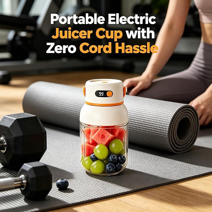 Portable Electric Juicer Cup with Zero Cord Hassle, USB-C Rechargeable Personal Blender, Leakproof Personal Portable Juicer Blender for Gym, Office, Travel and Outdoors (1200ml)