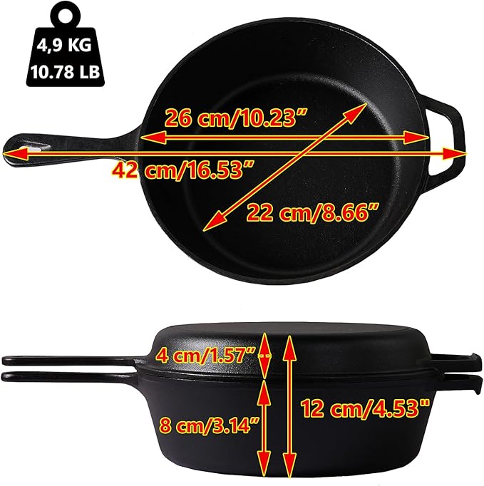 Cast Iron Skillet (EXTRA DEEP) - 10.25"-Inch with Skillet Lid, Frying Pans + Silicone Handle Holder Covers - Oven Safe Cookware - Indoor/Outdoor Use - Use on any Stovetop, Grill, Induction Safe