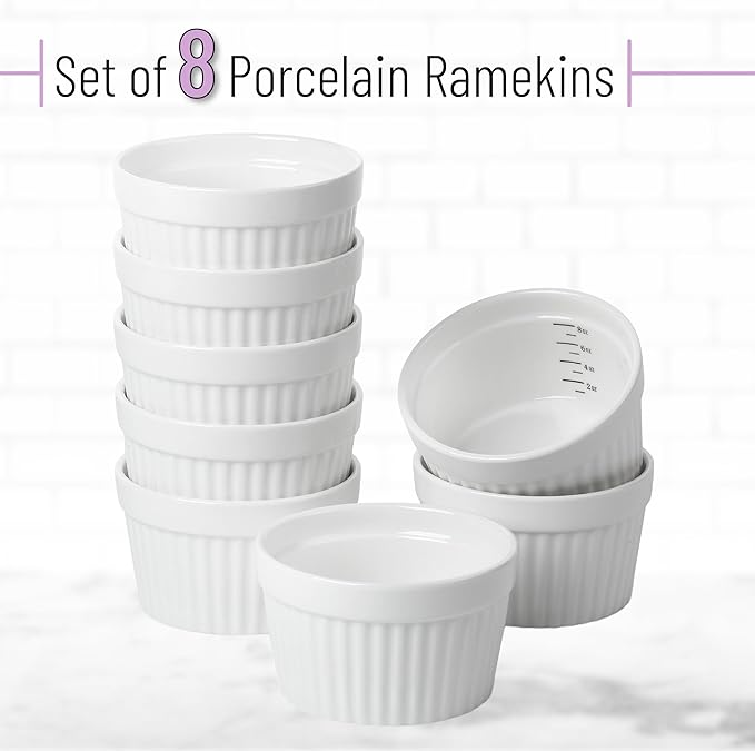 BTaT- Ramekins, 8 oz, Set of 8, Ramekins for Baking, Ramekin with Measurement Markings, Creme Brulee Dishes, Souffle Cups, Custard Cups, Ceramic Bakeware, Souffle Dish, Small Ceramic Bowl