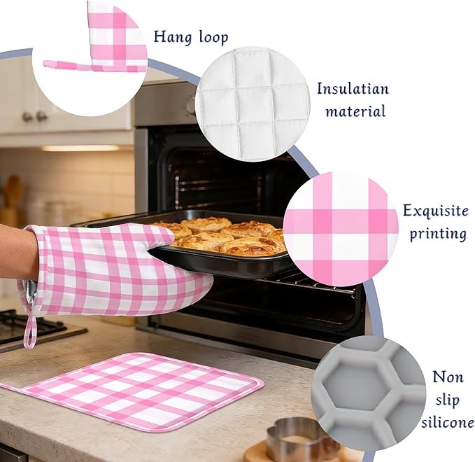 Buffalo Check Plaid Oven Mitts and Pot Holders Pink Checkered Silicone Kitchen Accessories Set of 4 Heat Resistant Non-Slip Long Gloves Potholder for Chef Cooking Baking Gifts Women Men
