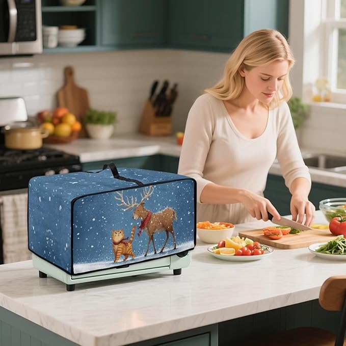 Air Fryer Toaster Oven Dust Cover Countertop Microwave Dust Cover Protector, Compatible with Convection Oven, M, 16.5 x 20.5 x 10 Inches, Reindeer Cat Christmas Decor
