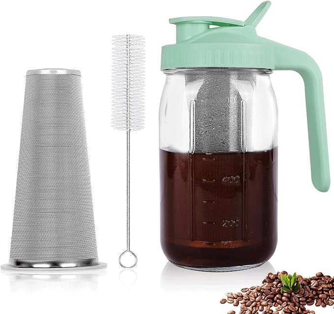 Cold Brew Coffee Maker,32 oz Mason Jar Pitcher with Stainless Steel Filter, Pour Spout Handle Lid, Heavy Duty Glass Airtight & Leak-Proof for Iced Coffee Tea Breastmilk Lemonade-Green