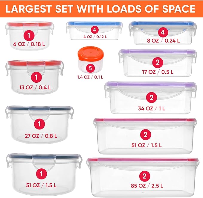 RockBerry 50 Pcs Large Food Storage Containers with Lids Airtight-85 OZ to small Containers-Total 526OZ Stackable Kitchen Set -BPA Free Leak proof containers (50Multi)
