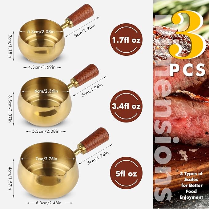 3 Pieces Stainless Steel Mini Sauce Pan with Wooden Handle & Spout, 1.7/3.4/5.1 Oz Gold Small Butter Warmer Saucepan, Reusable Sauce Pot Dipping Bowl (Gold)