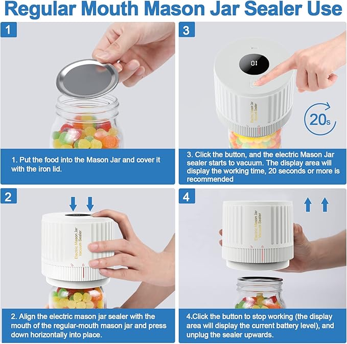 LOVE MOMENT Electric Mason Jar Vacuum Sealer Kit for Wide Mouth and Regular Mouth Mason Jar - White