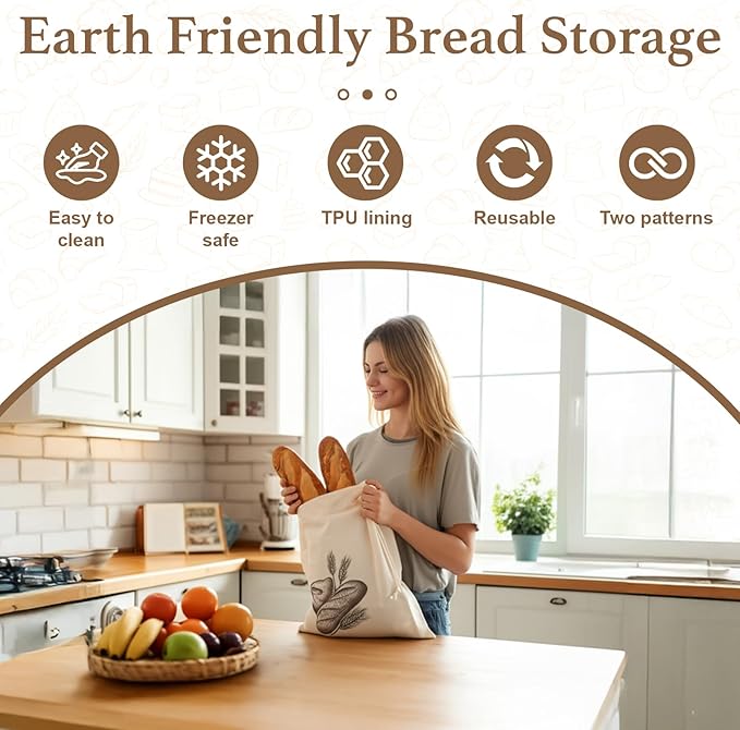 Reusable Storage Bread Bags-for Sourdough & Homemade Bread, Linen Cloth Bags w/TPU Keeps Fresh Longer