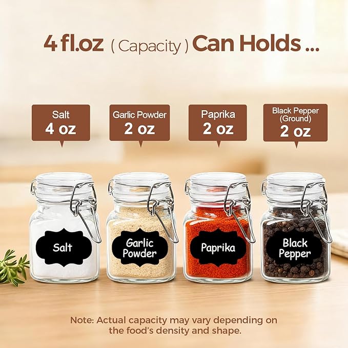 ComSaf Set of 6 Square Glass Spice Jars with Airtight Lids (4 Oz), Mini Favor Jars with Wire Clamp for Honey, Herbs & Farmhouse Kitchen Pantry Organization, with Funnel & Labels