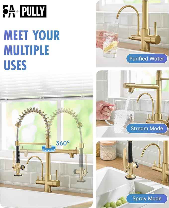 Fapully Commercial 3 Way Kitchen Faucets with Pull Down Sprayer and Water Filler,3 in 1 Kitchen Sink Faucet with Drinking Water Faucet Brushed Gold