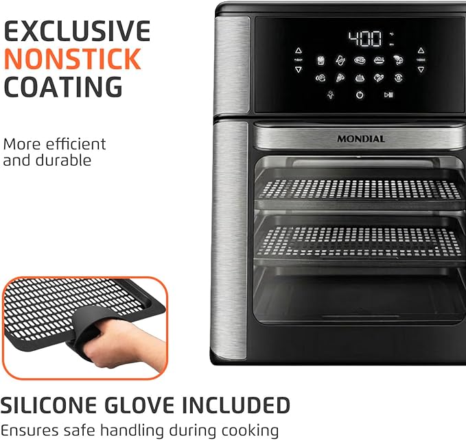 Air Fryer Oven 1800W, 12.7QT Capacity, Touchscreen Panel, Automatic Shut-Off, Toaster + Airfryer – Black & Stainless Steel – Mondial