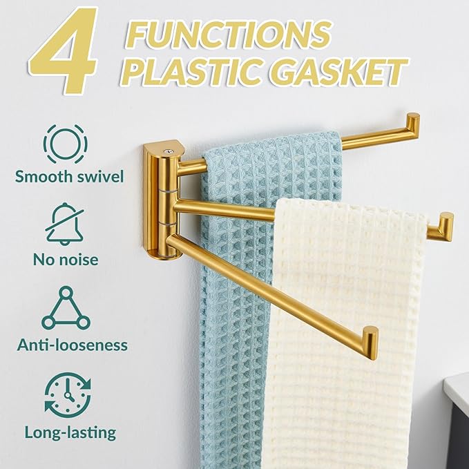 APLusee Swivel Towel Rack for Bathroom Door Wall Mounted, Swivel Towel Bar with 3 Rotating Arms 304 Stainless Steel, Flexible Kitchen Wall Hanging, Brushed Gold