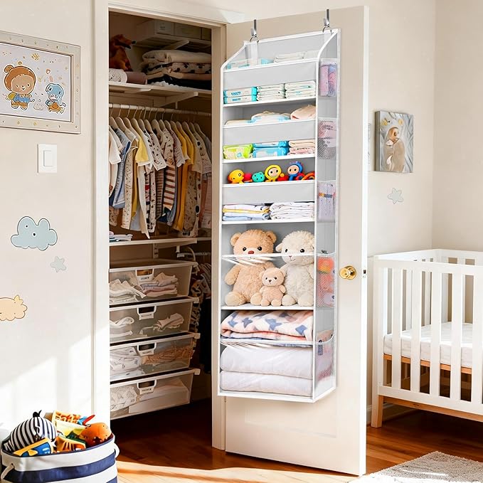 5 Tiers Over Door Organizer with 10 Mesh Side Pockets, 44 lbs Weight Capacity Hanging Storage Organizer with Clear Window Kids Toys, Shoes, Diapers, Light Gray