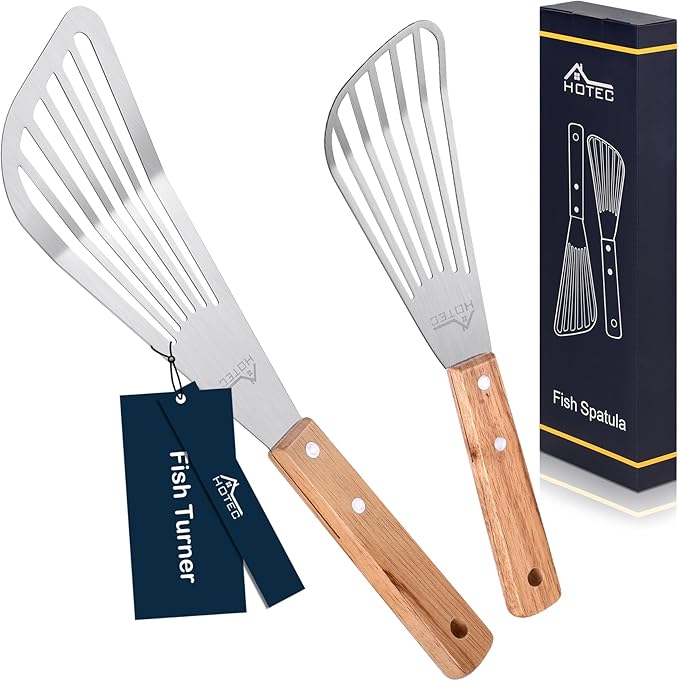 HOTEC 2pcs Stainless Steel Wooden Handle Fish Spatula, Metal Spatula Flipping Foods