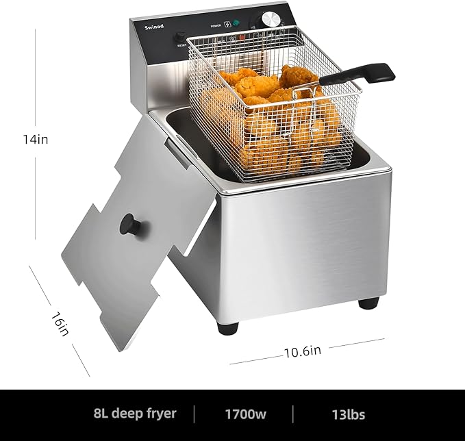 Commercial Deep Fryer with Basket, 1700w 14Qt 0.6mm Thickened Stainless Steel Countertop Electric Fryer for Home and Commercial Use, Oil Fryer with Double Overheat Protection