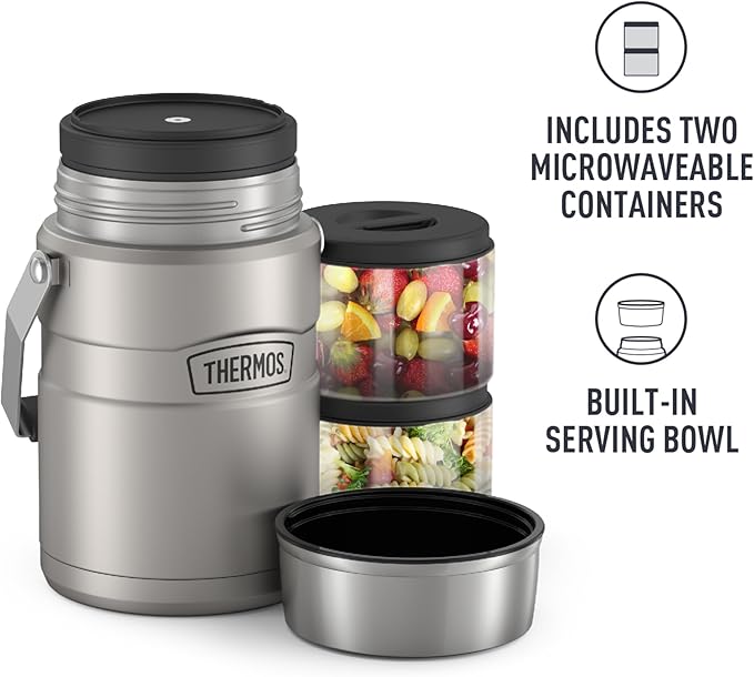 THERMOS Stainless King Vacuum-Insulated Food Jar Matte Steel | With Storage Containers | Built-in Handle | 47 Ounce | Pack of 4