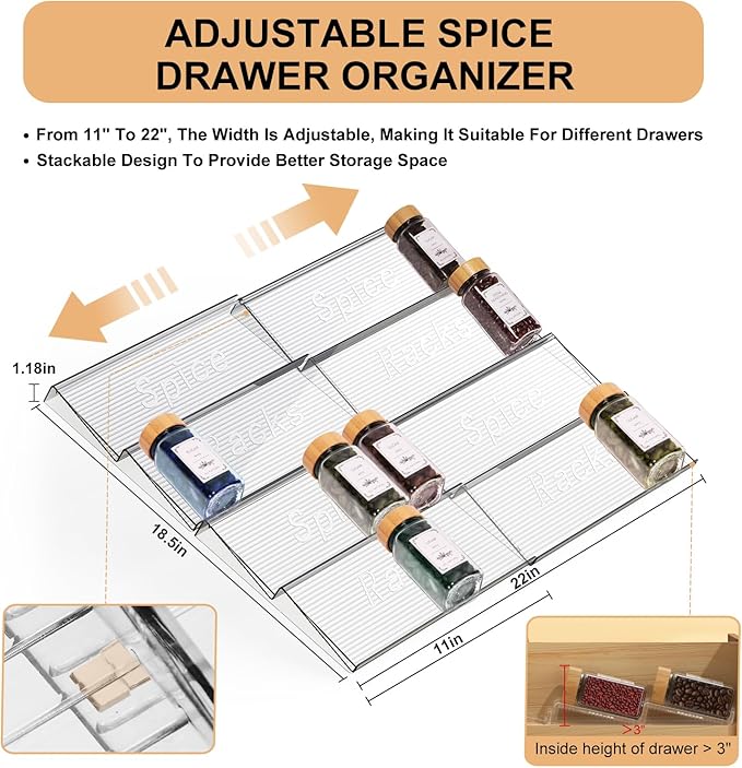 24 Spice Jars with Spice Drawer Organizer, 355 Spice Labels, 2 Pack Expandable From 11'' to 21'' Acrylic Spice Rack for Drawer, Seasoning Containers Storage Organization for Kitchen Cabinet Countertop