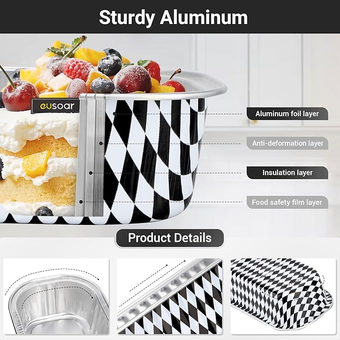 EUSOAR Disposable Ramekins, 25pcs 6.8oz Mini Cake Loaf Pans with Lids, Aluminum Foil Ramekins Muffin Liners Baking Cups Containers Holders Creme Brulee Tins for Birthday Wedding Party-Black/White