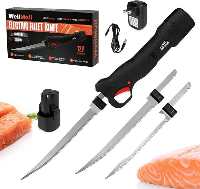 Fillet Knife - Electric Fillet Knife for Fish, Cordless Electric Knifes with Safe Lock, Non-Slip Grip Handle with 1 battery and 7"+9" blade