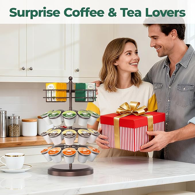 EsLuker.ly K Cup Holder Coffee Pod Organizer Carousel for Countertop, Rotatable Metal 4-Tier Storage Rack Stand for 30 K Cups & Tea Bags, Convenience Meets Elegance, Coffee Brown