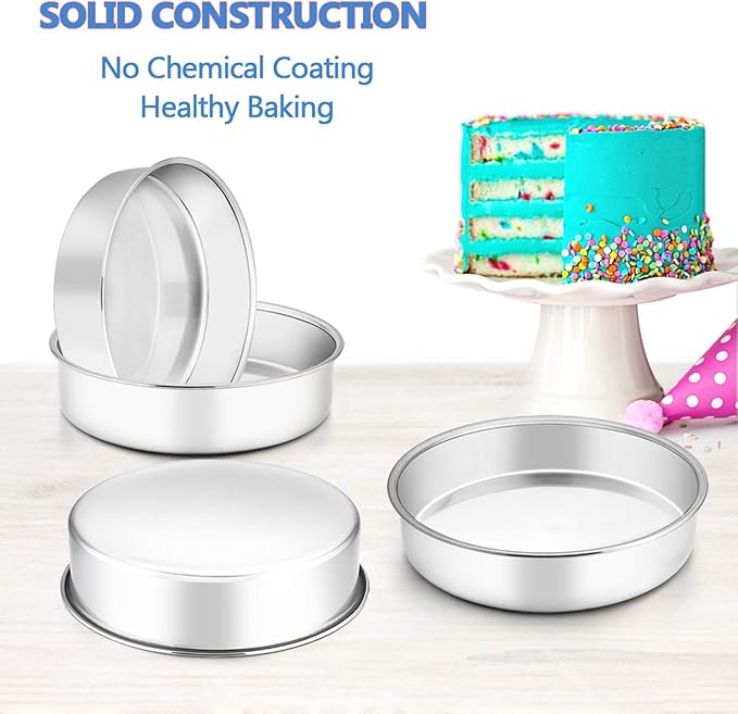 E-far 8 Inch Cake Pan Set of 4, Stainless Steel Round Layer Cake Baking Pans, Non-Toxic & Healthy, Mirror Finish & Dishwasher Safe