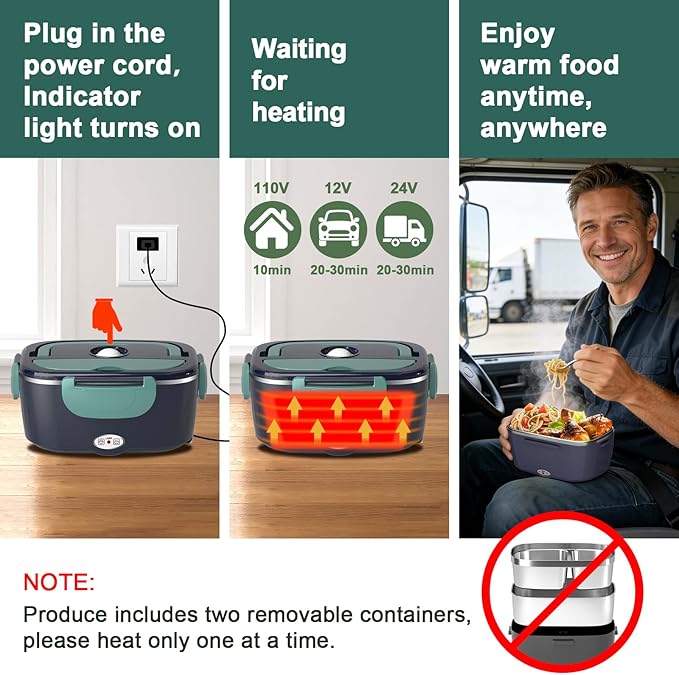 Electric Heated Lunch Box for Adults with 2 Pack 1.5L Containers, Portable 100W 3-IN-1 Fast Heated Lunch Box for Men, Portable Heating Food Warmer,12V/24V/110V for Car Truck Office Home Travel