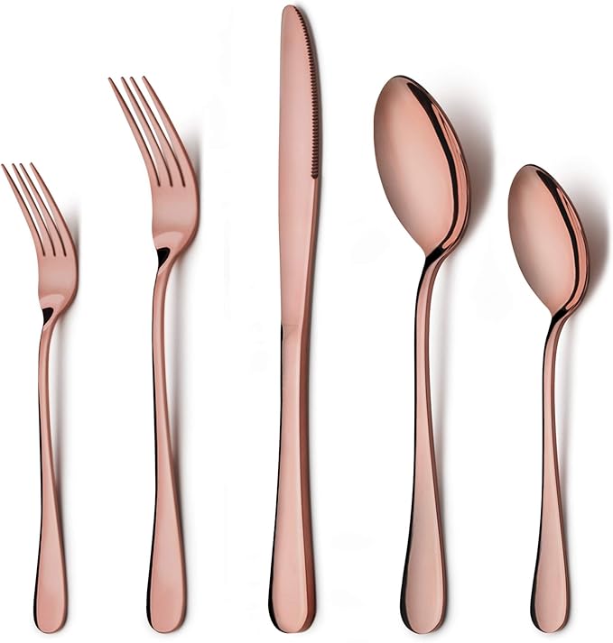 LIANYU Copper Silverware Flatware Set, 60 Piece Stainless Steel Cutlery Set for 12, Mirror Finish, Ideal for Home Hotel Wedding Festival Party, Dishwasher Safe