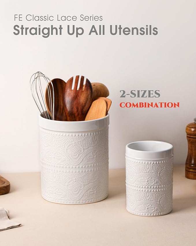 FUN ELEMENTS Kitchen Utensil Holder, 7.2+5.5" Super Large Utensil Crock Heavy and Stable Lace Emboss Ceramic Utensil Holder for Kitchen Counter(2Pcs Bright White)