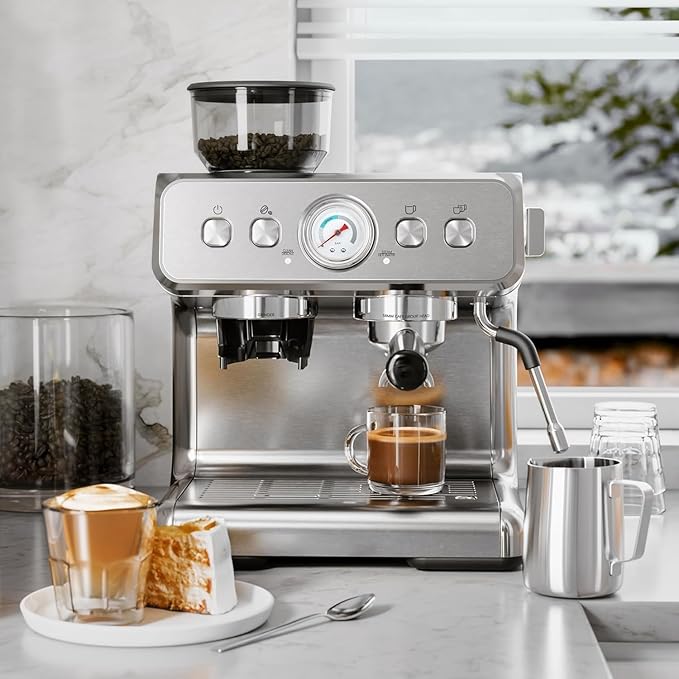Kismile Espresso Machine with Grinder, 20 Bar Expresso Coffee Machines with Milk Frother, 58mm Expresso Machines for Home, Perfect for Cappuccino & Latte, Silver