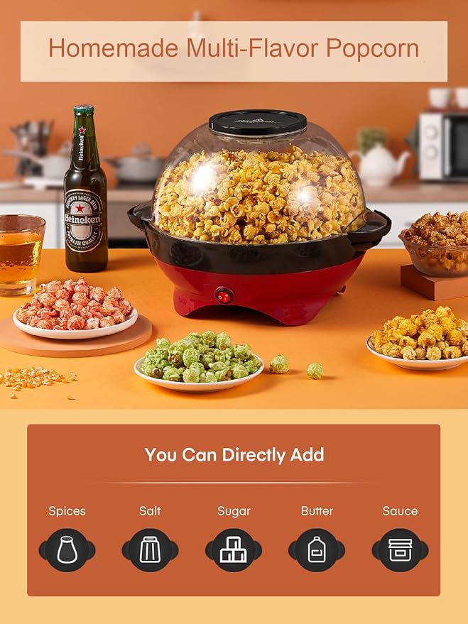 HOUSNAT Popcorn Machine, 28 Cup Popcorn Maker, 800w Electric Stirring Popcorn Popper with Quick-Heat Technology,Removable Non-Stick Surface,Cool Touch Handles,Thicken Transparent Cover,2 Measuring Cap