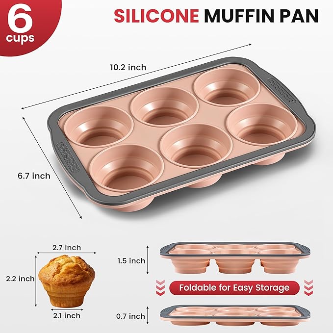 Silicone Muffin Pan - 6 Cups Regular Size Cupcake Pan Egg Bite Molds Muffin Pans for Baking - Nonstick, Easy to Pop, Bakeware for Oven Dishwasher Safe, BPA Free (6-Cups Pink)