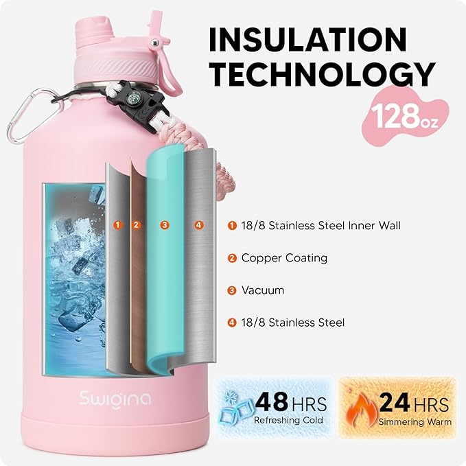 Swigina [2-IN-1 LID] Gallon Insulated Water Bottle with Silicone Boot (48hrs Cold/24hrs Hot) - DIY Stickers, Leakproof, BPA Free, 128 oz