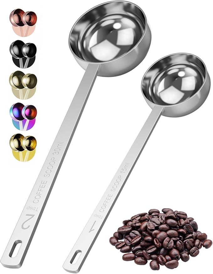 Orblue Premium Coffee Scoop Set - 1 Tbsp (15ml) & 2 Tbsp (30ml) Measuring Tablespoon - Stainless Steel Coffee Measuring Spoon and Scooper with Long Handles - Pack of 2