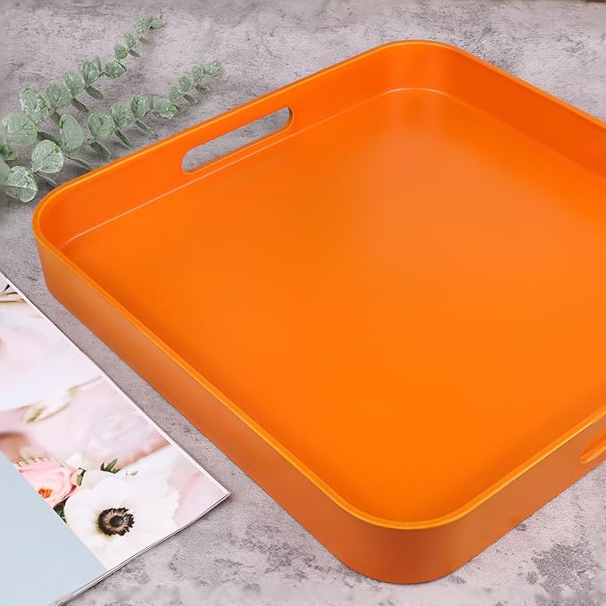 Square Orange Decorative Serving Tray with Handles, Versatile Ottoman Tray for Coffee Table, Entertaining, Outdoor Patio, Living Room, 13”*13”*1.6”