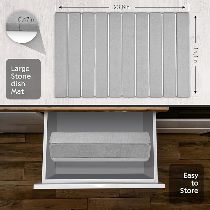 Large Stone Dish Drying Mat for Kitchen Counter – 24"(L)×16 (W) Foldable Absorbent Diatomaceous Earth Dish Drying Mats, Grey Kitchen Counter Mats for Dishes Bottles Cups, Match Any Countertop