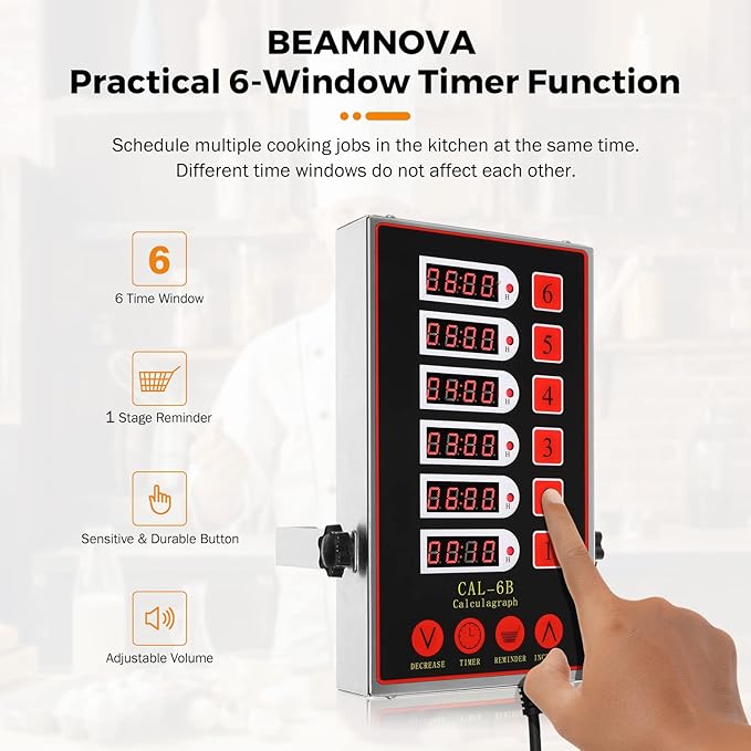 BEAMNOVA 6 Channel Digital Kitchen Timer with Loud Adjustable Alarm, Stainless Steel Commercial Cooking Timer Reminder for Restaurant, Bakery, Multi Dish Cooking & Food Prep, 0-99h Countdown