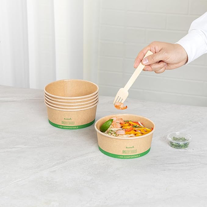 Restaurantware Paper Food Containers 200 Pack Of 25 oz Disposable Round Kraft Salad Bowls BPI-Certified Compostable Stackable Greaseproof Meal Prep Take Out Containers For Soups, Snacks And Desserts