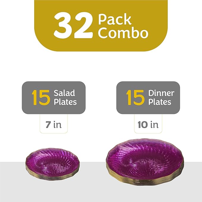 PLASTICPRO 60 Pack Plastic Plates Set of 30-10 inch Plates and 30-7 inch Plate, Elegant Clear Purple Spiral and Gold Rim Disposable Fancy Plate Premium Heavyweight