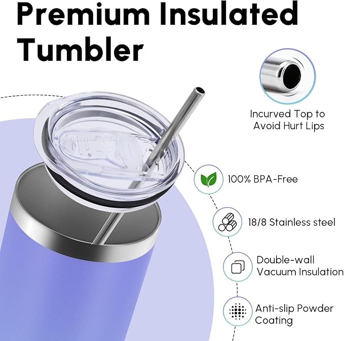 Volhoply 4 Pack Skinny Tumblers with Lid and Straw, 20oz Stainless Steel Straight Tumbler Bulk, Vacuum Insulated Coffee Mug for Home, Office, Travel, DIY (Purple Bule,4 Pack)