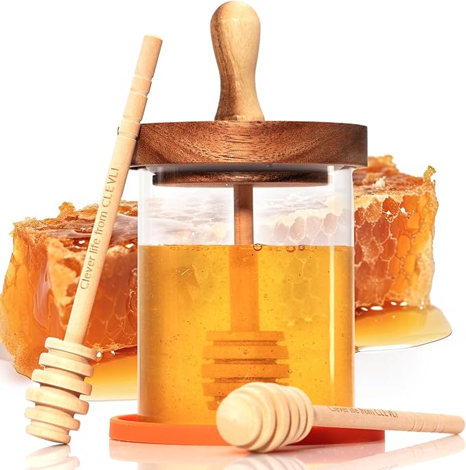 CLEVLI 12 oz Honey Pot Set with Silicone Mat, Airtight Wooden Lid, 2 Extra Dippers & Custom Gift Box | Glass Container Honey Jar for Honey & Syrup | Durable & Stylish Kitchenware Food Storage