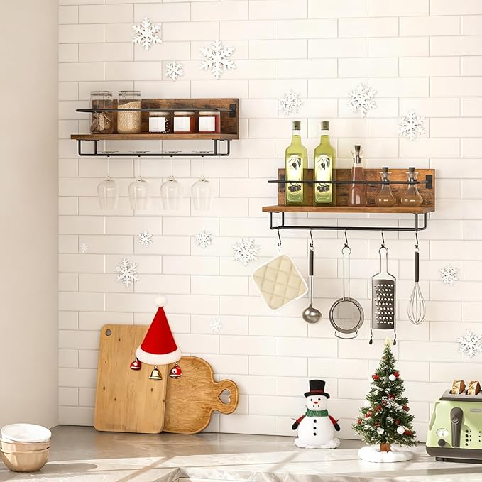 HOOBRO Wall Mounted Wine Rack 2 Pack, Wine Shelf Hanging Floating Wall Shelves, Wine Glass Bottle Rack Stemware Holder, for Living Room, Dining Room, Kitchen, Rustic Brown and Black BF28BJ01
