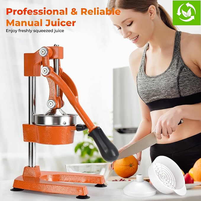 ROEDEER Heavy-Duty Manual Citrus Juicer – Cast Iron Orange Juicer Squeezer, Dual-Die Head, Manual Juicer, Citrus Squeezer, Lemon Juicer Manual & Pomegranate Juicer for Fresh Juice (Orange)