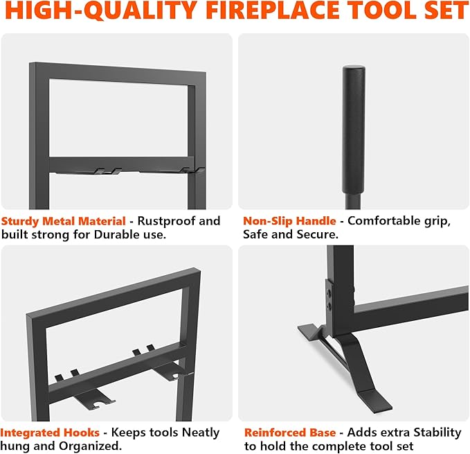 6 Pcs Fireplace Tools Set with Log Carrier, HXJLJY 34" Fireplace Accessories Sturdy Fire Tool Set Holder with Fire Poker Brush Shovel Tong Stand for Indoor Fireplace Outdoor Fire Pit Wood Stove,Square