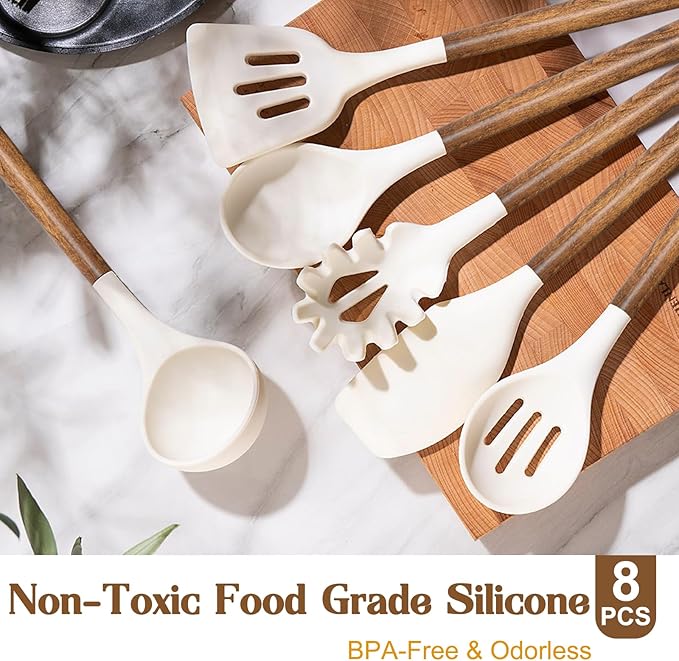 Non-Stick Silicone Kitchen Utensils Set with Natural Acacia Hard Wood Handle, Umite Chef 8 Pieces Kitchen Spatulas set, White, BPA Free, Baking, Serving and Cooking Utensils