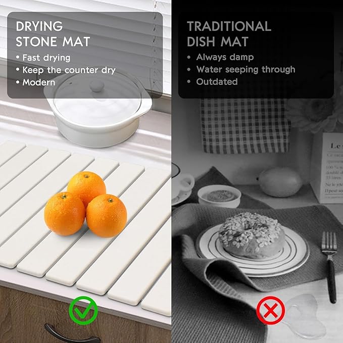 Large Stone Dish Drying Mats for Kitchen Counter, 24"(L)×16"(W), Quick Drying Collapsible Dish Drying Mats, Eco-Friendly Absorbent Diatomaceous Earth Mats for Dishes Bottles Cups, Match Any Countertop