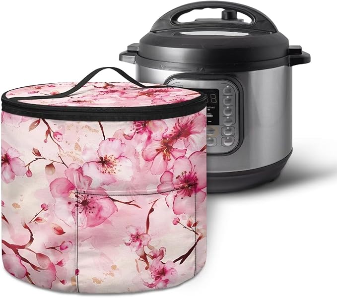Cherry Blossom Electric Pressure Cooker for Picnic Pink Butterfly Insulation Bag Hand Washable Pressure Cooker Storage Bag Protective Hood with Pocket, Fork Pickled Cucumber