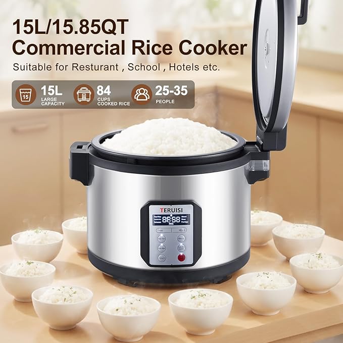 Commercial Rice Cooker, 15.85QT/84 Cups Cooked Rice 15L Large Capacity Rice Cooker & Warmer, 1550W Fast Rice Cooker with 6 Preset Functions, LED Display, Non-stick Inner Pot for 25-35 People Use