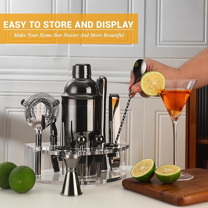 Bartender Kit Cocktail Shaker Set, Stainless Steel Cocktail Kit with 12 Piece Bar Accessories, 25oz Shaker Bar Set Drink Mixer Set with Stand Jigger Strainer Spoon Muddler for Cocktails (Black)